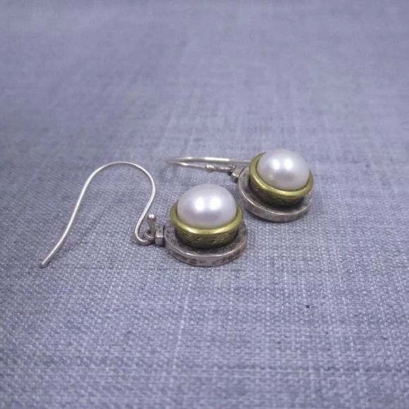 SILPADA Sterling Silver Pearl Drop Earrings with Hammered Brass Accent Two Tone - Picture 5 of 5